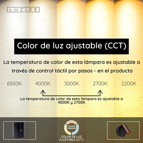 Lucide TONI - Foco de pared / Lámpara de pared Recargable - Batería/acumulador - Ø 8,1 cm - LED Regul. - CCT - 1x2W 2700K/4000K - Sensor movimiento (desactivable) - Magnético - Café - USP
